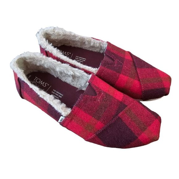 TOMS Women's Red and Black Buffalo Plaid Faux Fur Lined Slip-On Shoes Size 7.5 - Picture 7 of 8